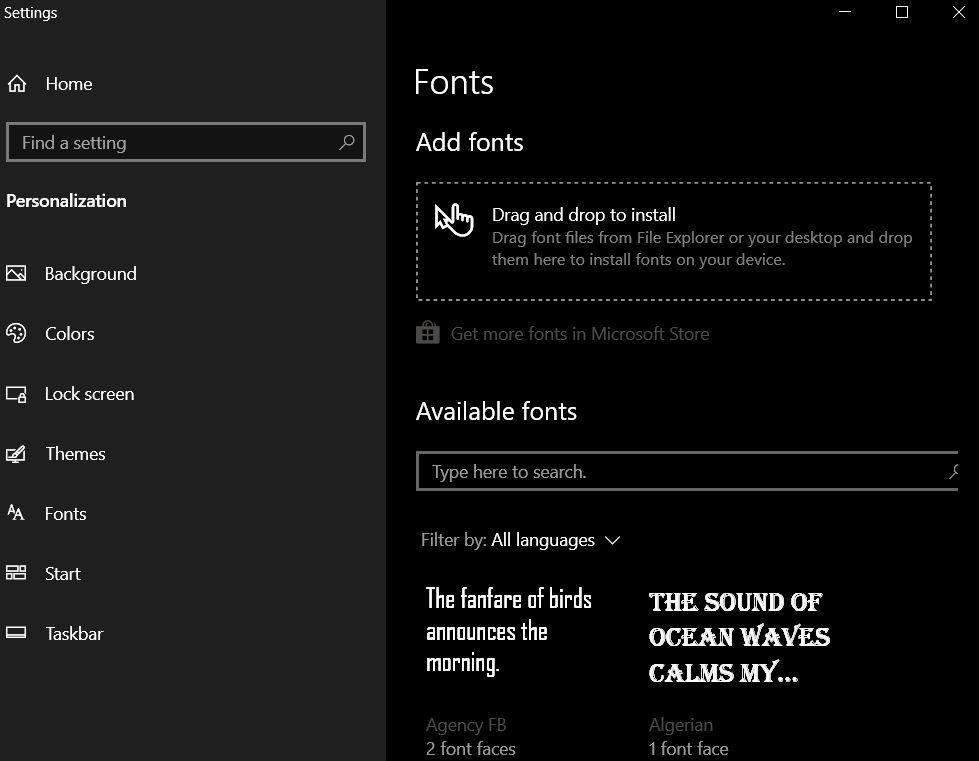 Windows font settings panel