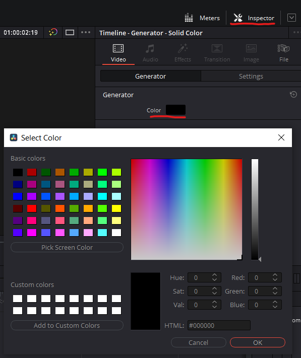 davinci resolve inspector solid color generator selecting the color with picker