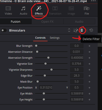 davinci resolve 17 delete filter on effects pane in the inspector