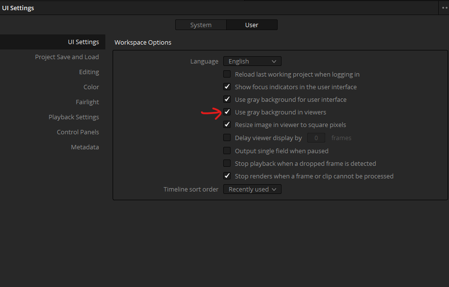 Davinci resolve user interface settings for users, use gray background in viewers